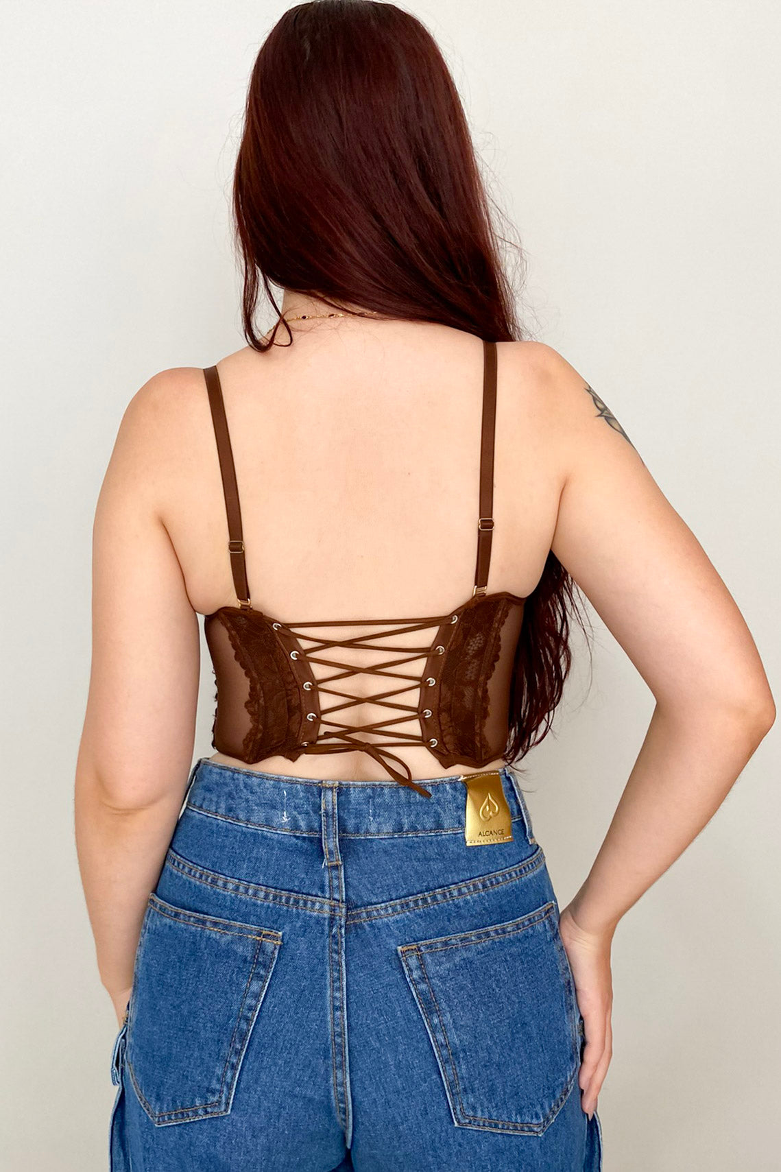 Corselet Em Renda Com Tule Savanna- Marrom