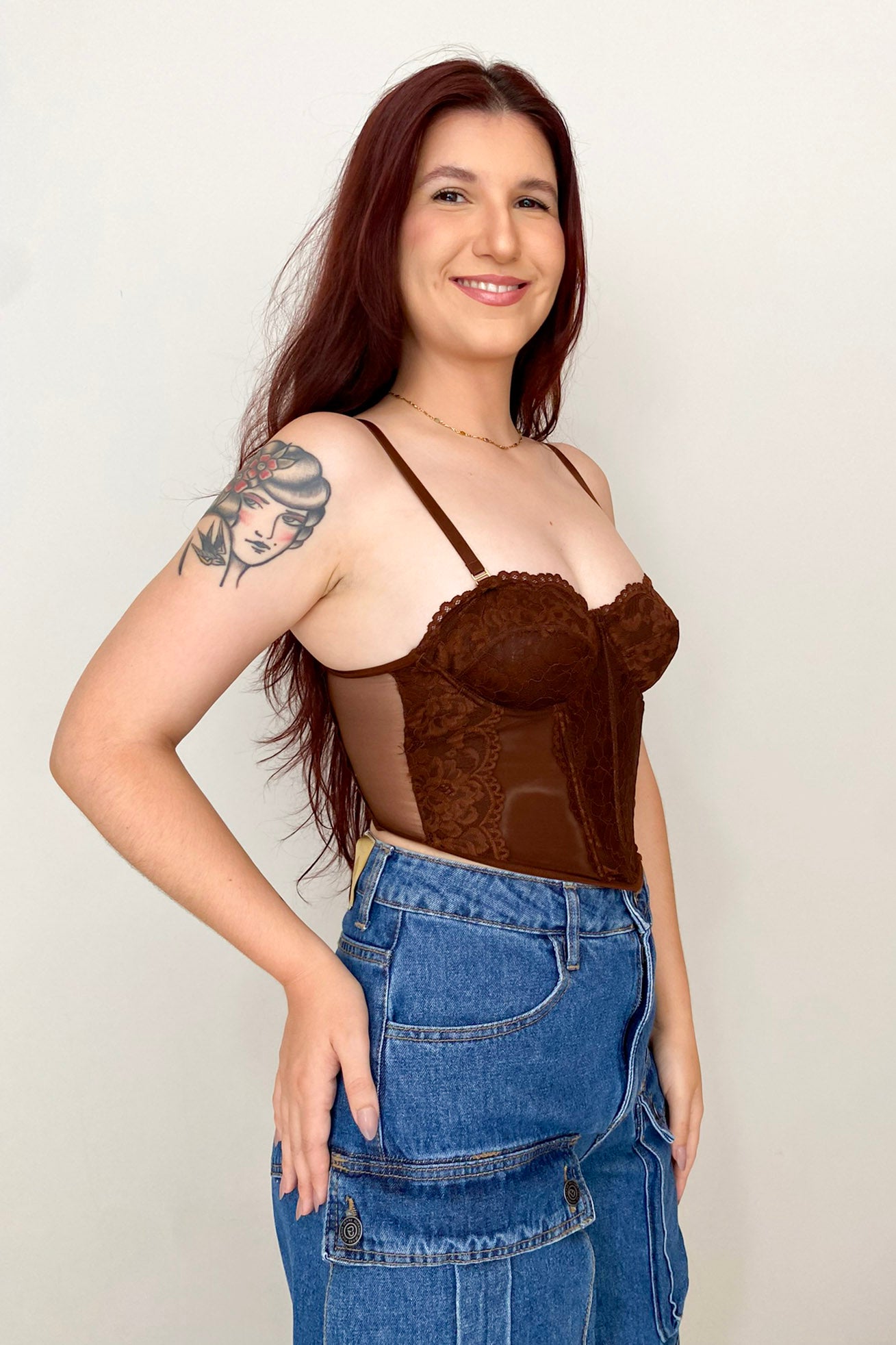 Corselet Em Renda Com Tule Savanna- Marrom