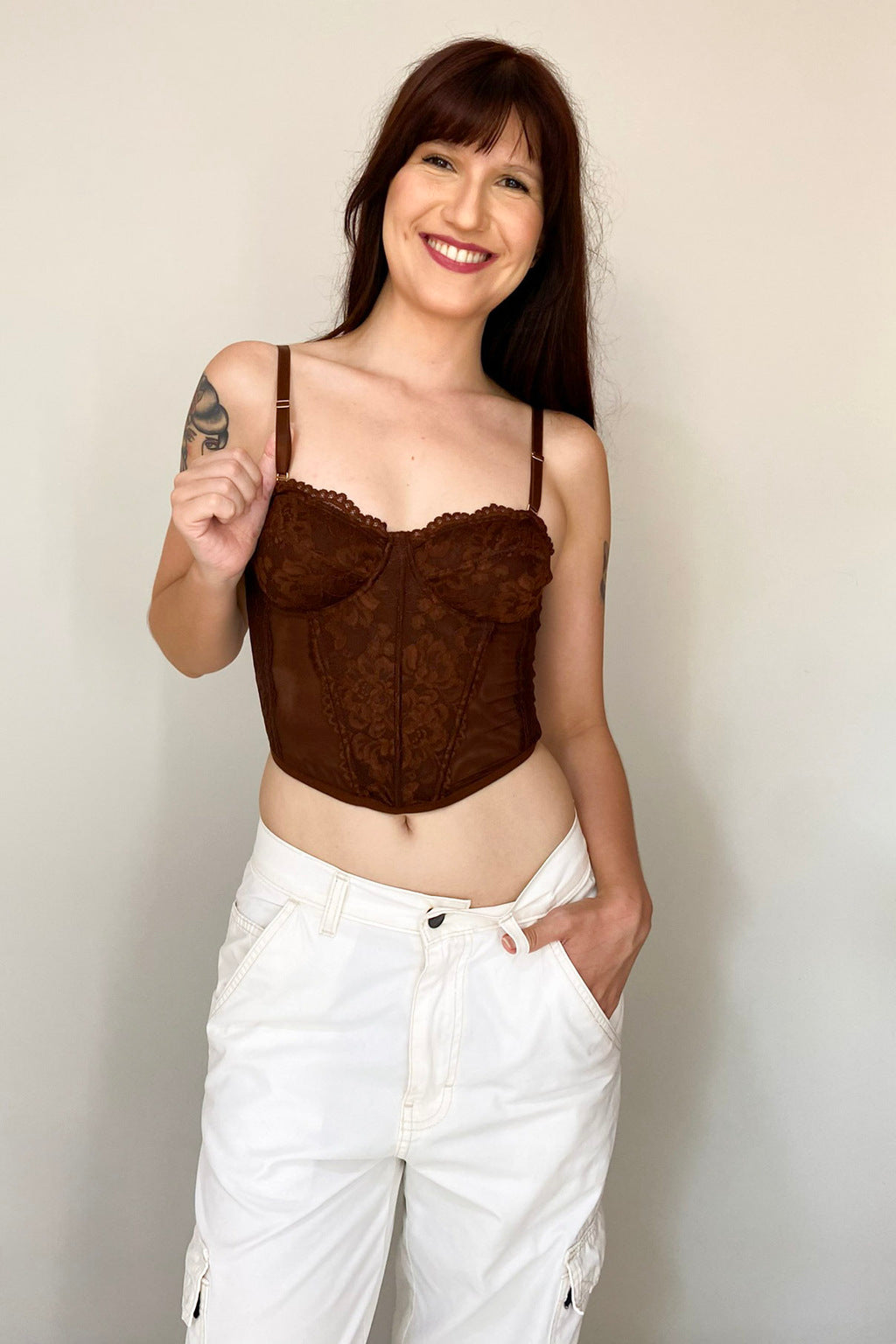 Corselet Em Renda Com Tule Savanna- Marrom