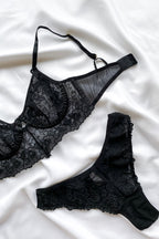 Conjunto De Lingerie Euforia Clássico Em Tule Bordado Sem Bojo Com Aro De Sustentação- Preto