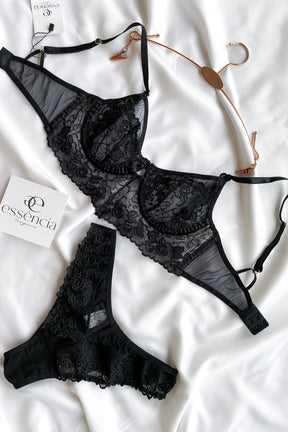 Conjunto De Lingerie Euforia Clássico Em Tule Bordado Sem Bojo Com Aro De Sustentação- Preto