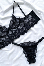 Conjunto De Lingerie Afrodite Em Renda Sem Bojo Com Aro De Sustentação E Cinta Liga- Preto