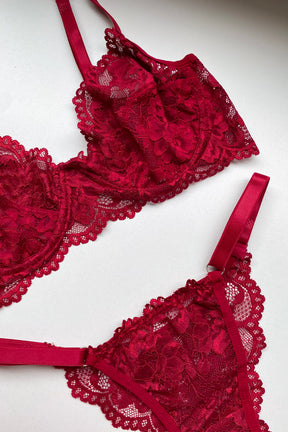 Conjunto De Lingerie Ravena Em Renda Sem Bojo Com Aro de Sustentação- Vermelho