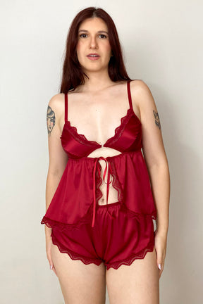 Short Doll Em Cetim Rubi Com Detalhes em Renda- Vermelho