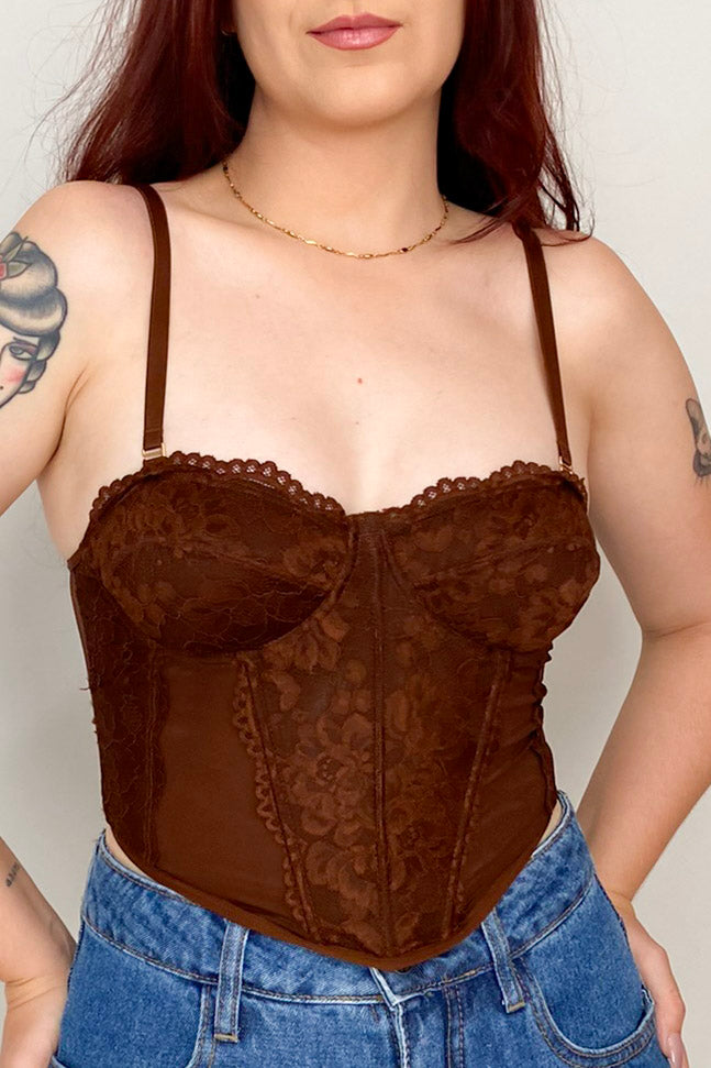 Corselet Em Renda Com Tule Savanna- Marrom