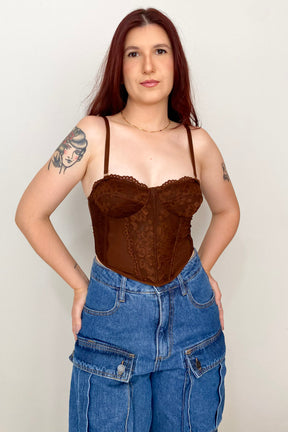 Corselet Em Renda Com Tule Savanna- Marrom