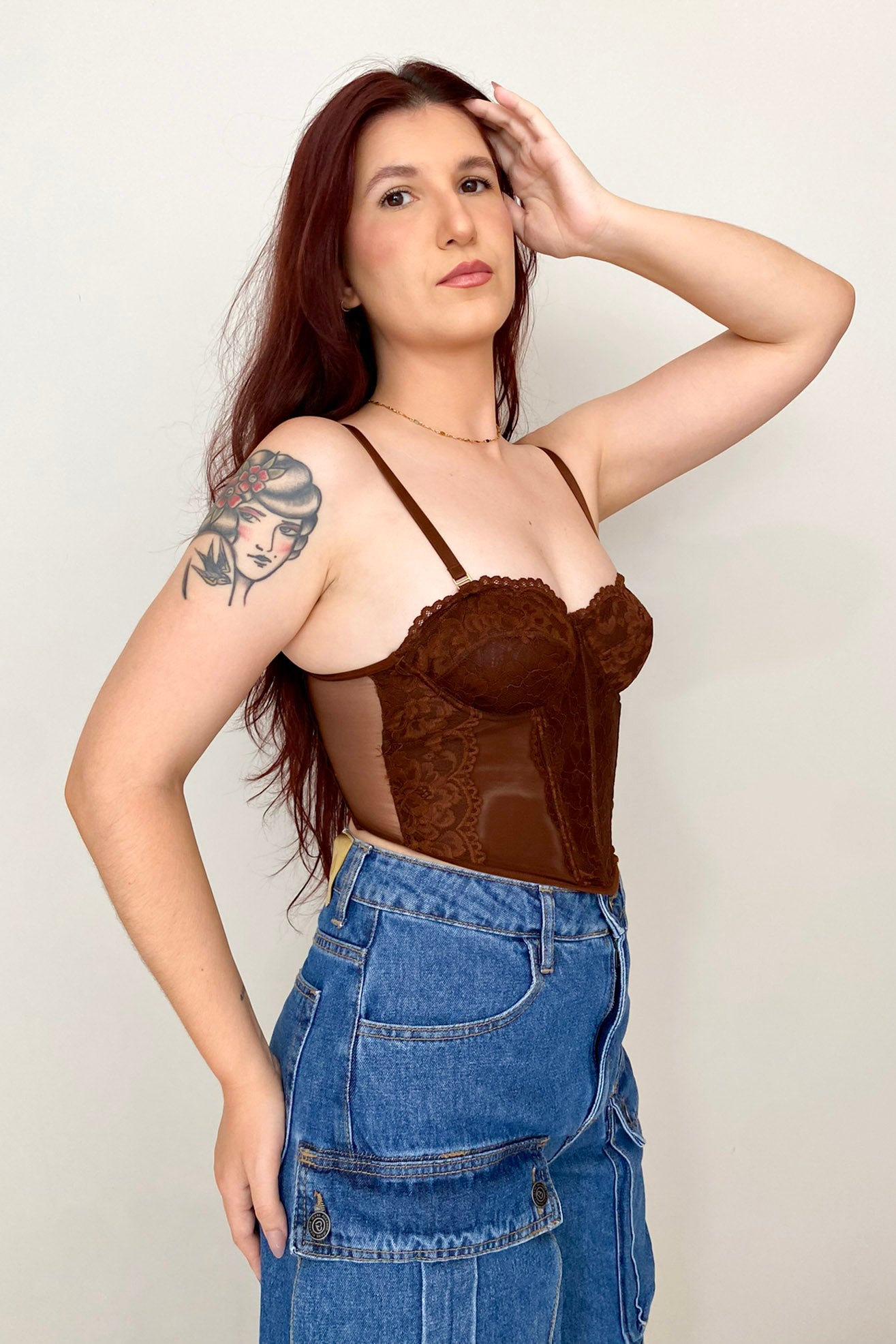 Corselet Em Renda Com Tule Savanna- Marrom