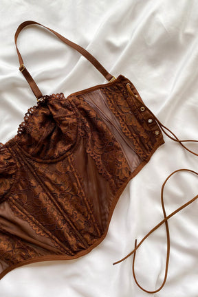 Corselet Em Renda Com Tule Savanna- Marrom